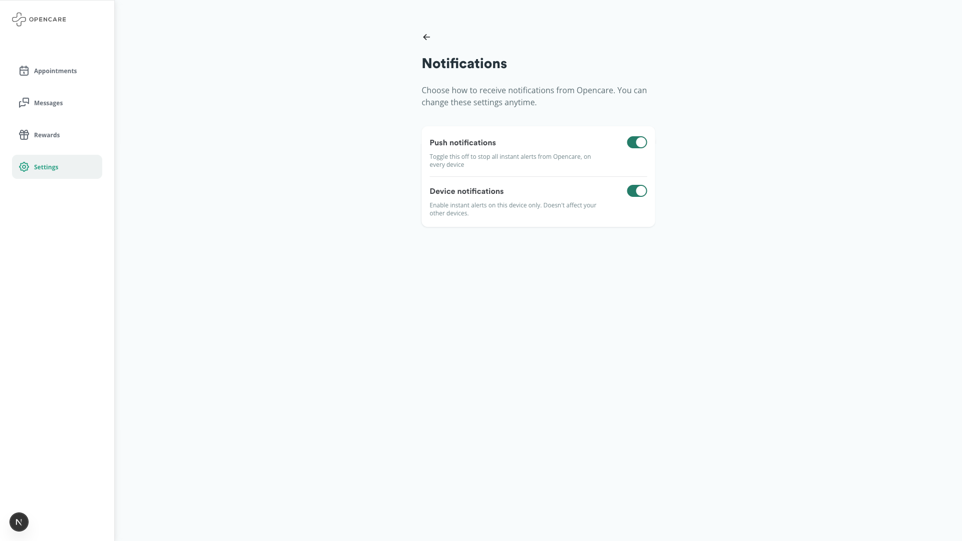 Opencare Notifications settings page showing Push notifications and Device notifications toggles, both turned on