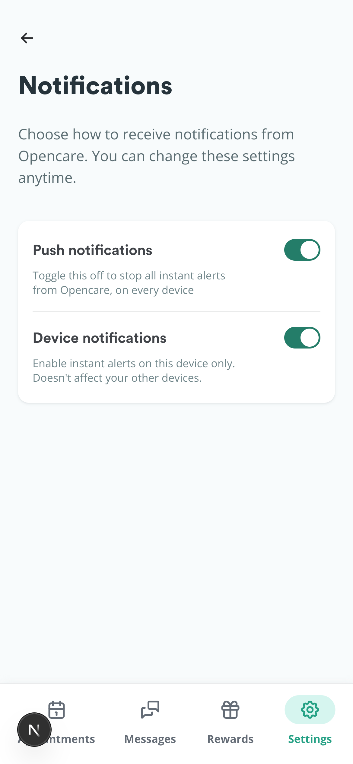 Opencare Notifications settings page showing Push notifications and Device notifications toggles, both turned on